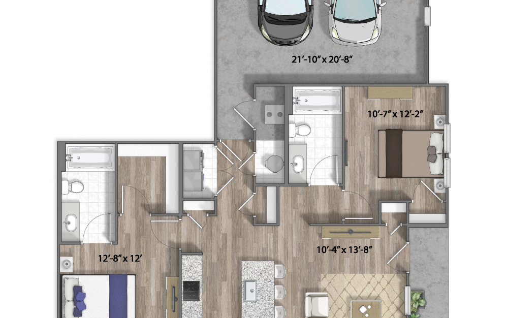 Emily - 2 bedroom floorplan layout with 2 bathrooms and 958 square feet (3D)