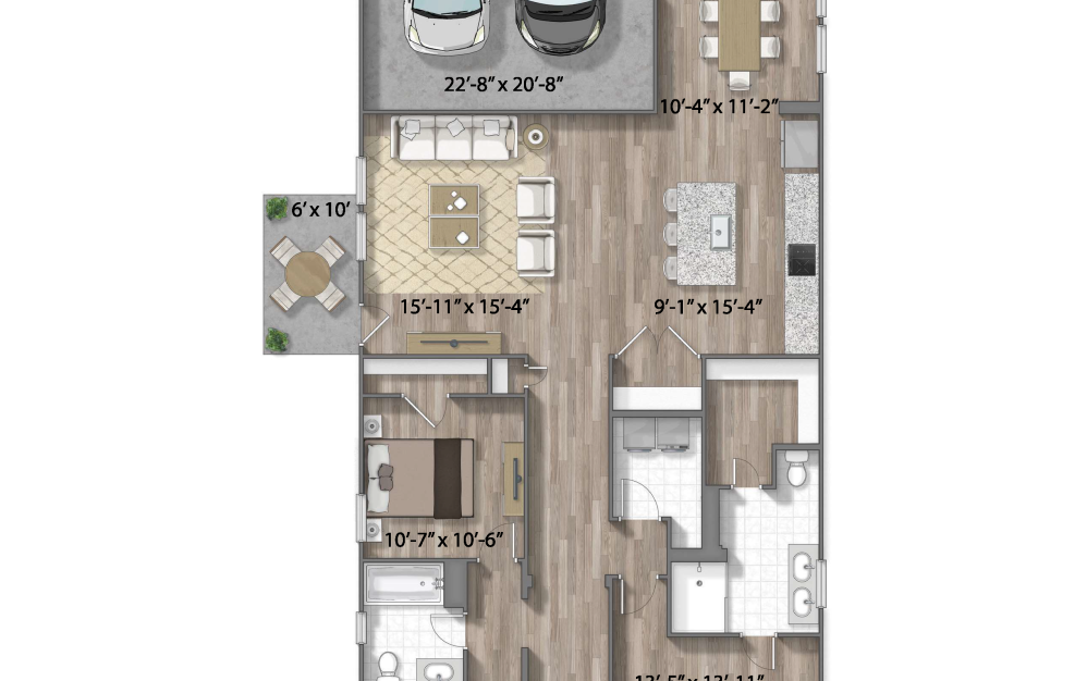 Richmond - 3 bedroom floorplan layout with 2 bathrooms and 1502 square feet (3D)