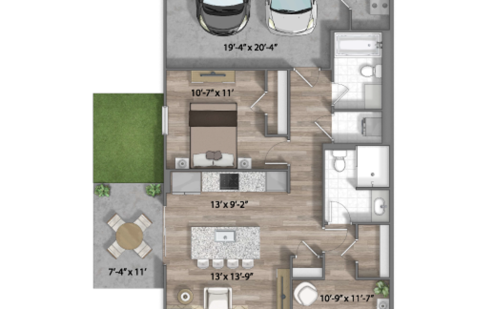 Taylor - 2 bedroom floorplan layout with 2 bathrooms and 849 square feet (3D)