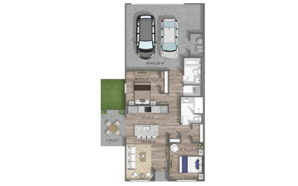Taylor - 2 bedroom floorplan layout with 2 bathrooms and 849 square feet (ALT Plan, 3D)
